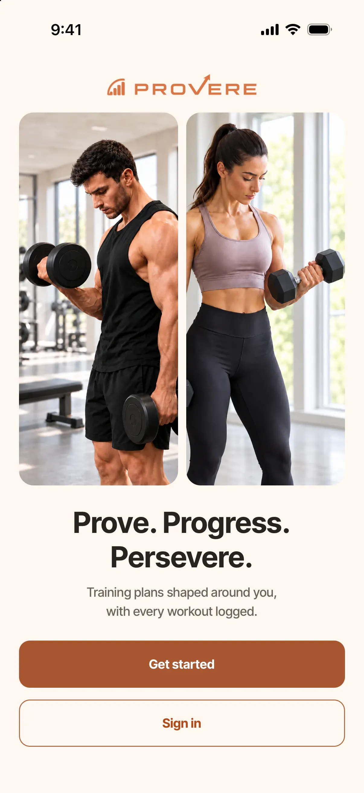The Provere welcome screen: two photographs of people training, the line Prove. Progress. Persevere., and Get started and Sign in buttons