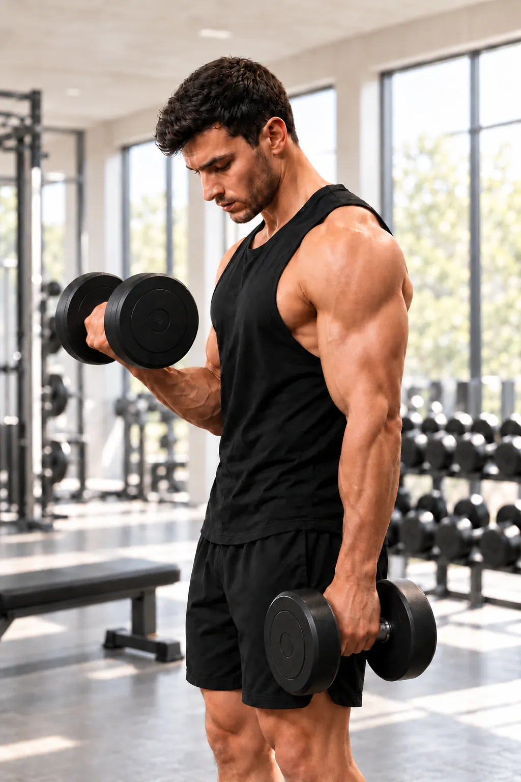 A man curling a dumbbell in a bright gym